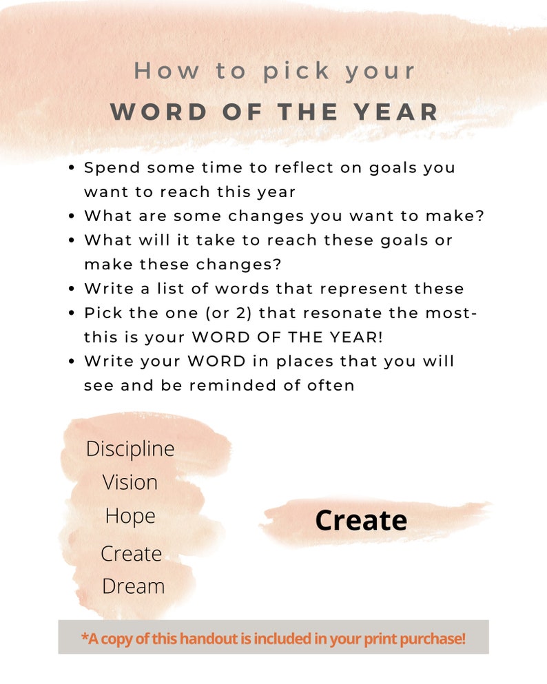 Puede incluir: Un fondo de acuarela rosa y blanco con el texto "How to pick your WORD OF THE YEAR". El texto est&aacute; en negro y est&aacute; centrado en la p&aacute;gina. Debajo del texto hay una lista de vi&ntilde;etas con instrucciones sobre c&oacute;mo elegir una palabra del a&ntilde;o. La lista incluye palabras como "Discipline", "Vision", "Hope", "Create" y "Dream".