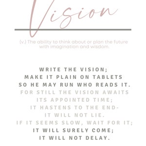 Puede incluir: Una cita motivacional sobre la visi&oacute;n, escrita en cursiva, con el texto "WRITE THE VISION; MAKE IT PLAIN ON TABLETS SO HE MAY RUN WHO READS IT. FOR STILL THE VISION AWAITS ITS APPOINTED TIME; IT HASTENS TO THE END- IT WILL NOT LIE. IF IT SEEMS SLOW, WAIT FOR IT; IT WILL SURELY COME; IT WILL NOT DELAY. HABAKKUK 2:2-3"
