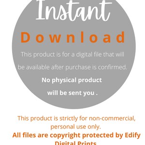 Puede incluir: Un c&iacute;rculo gris con el texto "Descarga instant&aacute;nea" en blanco y naranja. El texto debajo dice: "Este producto es para un archivo digital que estar&aacute; disponible despu&eacute;s de que se confirme la compra. No se enviar&aacute; ning&uacute;n producto f&iacute;sico. Este producto es estrictamente para uso personal y no comercial. Todos los archivos est&aacute;n protegidos por derechos de autor de Edify Digital Prints. No puede revender, reproducir, distribuir por medios electr&oacute;nicos o obtener ganancias de ninguna manera del dise&ntilde;o."