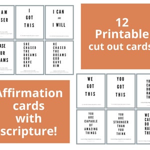 Peut inclure: Un ensemble de 12 cartes d'affirmation imprimables avec des écritures. Chaque carte présente une phrase de motivation en texte noir gras sur fond blanc. Les cartes sont disposées sur un fond orange, avec les mots "Cartes d'affirmation avec écriture !" également affichés.