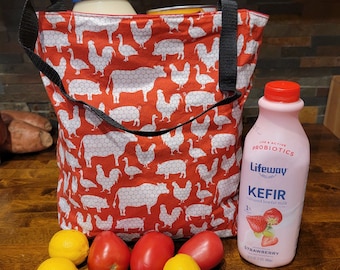 Sac de courses réutilisable animaux de la ferme, tissu canard, résistant, grand