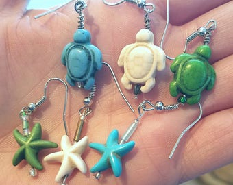 Boucles d'oreilles pendantes étoile de mer tortue bleu vert crème rouge violet jaune