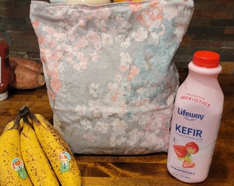 Grand sac de courses réutilisable rose blanc en toile de coton