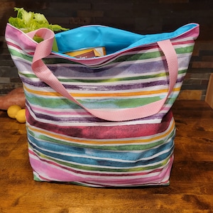 Colorful Stripes Reusable Grocery Bag Cotton Canvas Extra Large Strong