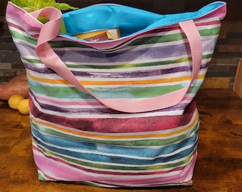 Colorful Stripes Reusable Grocery Bag Cotton Canvas Extra Large Strong