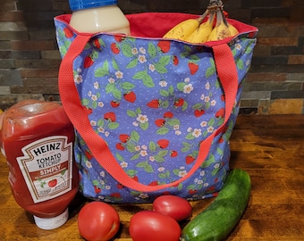 Sac de courses réutilisable Fraises en toile de coton, tissu canard, grand, solide