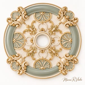 May include: A circular ceiling medallion featuring a sage green outer ring, a textured cream center, and intricate gold-toned scrollwork and shell motifs. The design includes a central circular opening and the signature Marina R. Vladis.