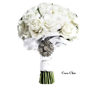 Real Touch Rose Bridal Bouquet: Rhinestone Brooch, Satin Ribbon