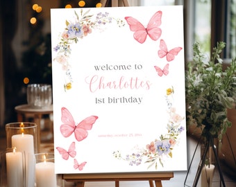 Editable Pink Butterfly Birthday Welcome Sign Template, Whimsical Butterfly Birthday Sign Template, Butterfly Girl Birthday Welcome Sign