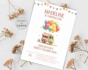 Könnte beinhalten: Eine bunte Einladung zu einem ersten Geburtstag mit einem Comic-Eiswagen und Ballons. Die Einladung lautet "Madeline wird ein Jahr alt" und enthält Details zur Party, einschließlich Datum, Uhrzeit und Ort.