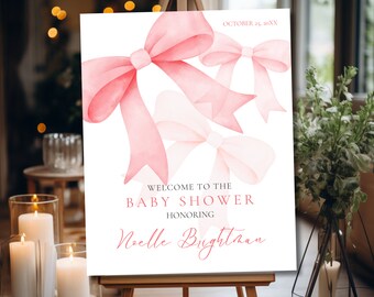 Bearbeitbares Baby Girl Shower Willkommensschild |  Rosa Schleife Babyparty | Kokettendusche | Kokette Bearbeitbar | Rosa Schleife Willkommensschild