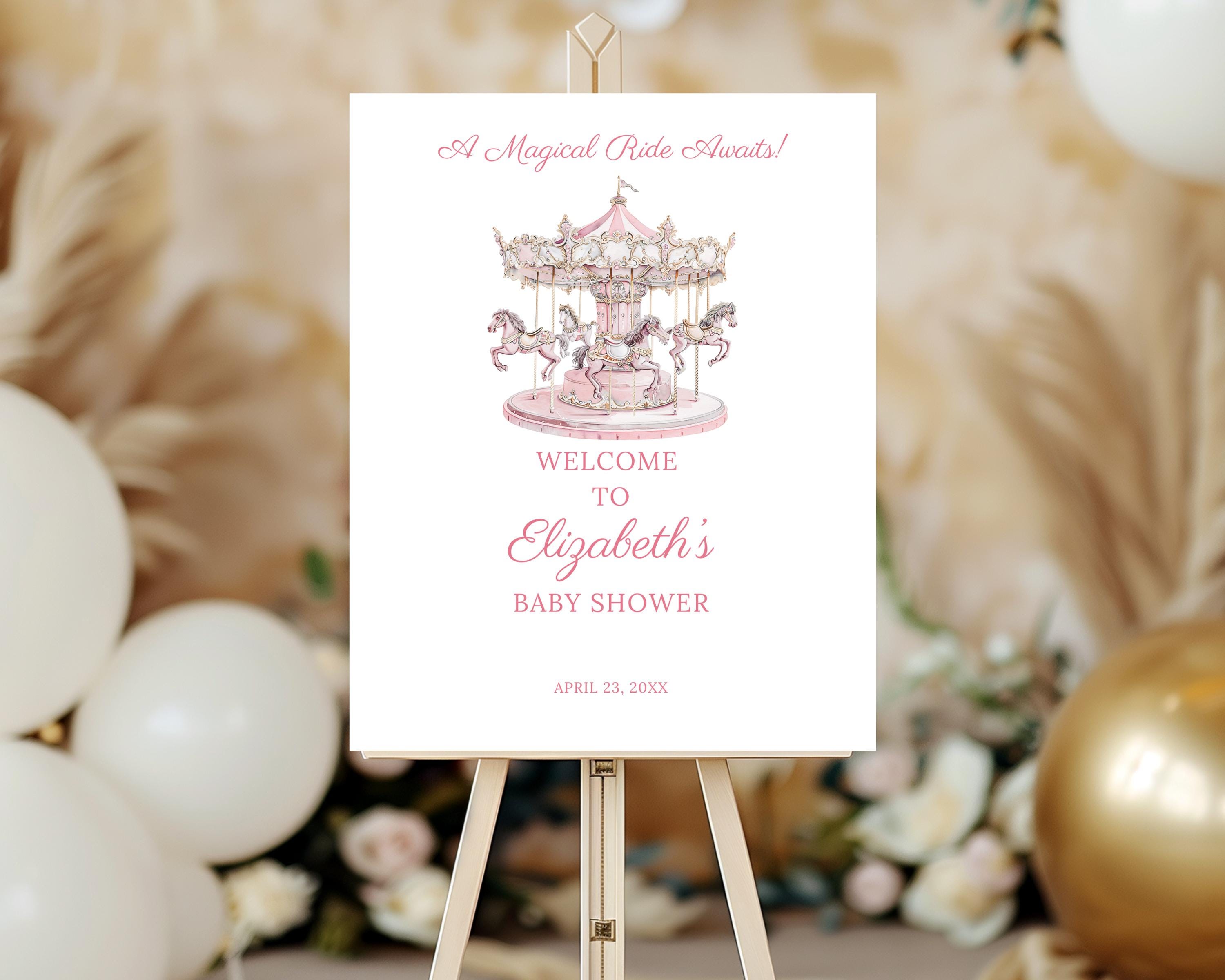 Pink Carousel Baby Shower Sign, Baby Girl Shower Carousel Welcome Sign ...