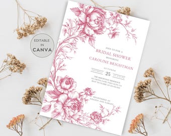 Pink Chinoiserie Bridal Shower Invitation, French Pink Toile De Jouy Bridal Shower Invitation Template, Vintage Floral Chinoiserie Invite