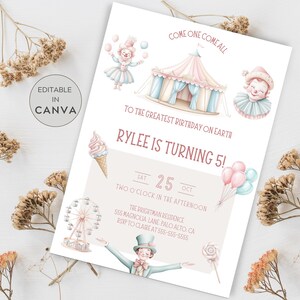 Editable Pastel Carnival Birthday Invitation, Vintage Carnival Invitation, Carnival Theme Birthday Party Invitations, Pastel Circus Invite