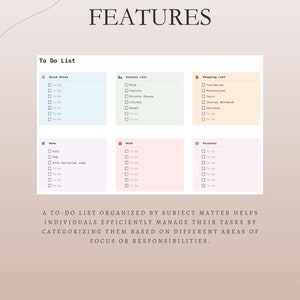 Pu&ograve; includere: Un modello digitale di lista di cose da fare con sezioni per note rapide, generi alimentari, shopping, casa, lavoro e compiti personali. La parola "FEATURES" &egrave; in alto. Il testo sottostante dice: "Una lista di cose da fare organizzata per argomento aiuta le persone a gestire in modo efficiente i propri compiti, suddividendoli in base a diverse aree di interesse o responsabilit&agrave;."