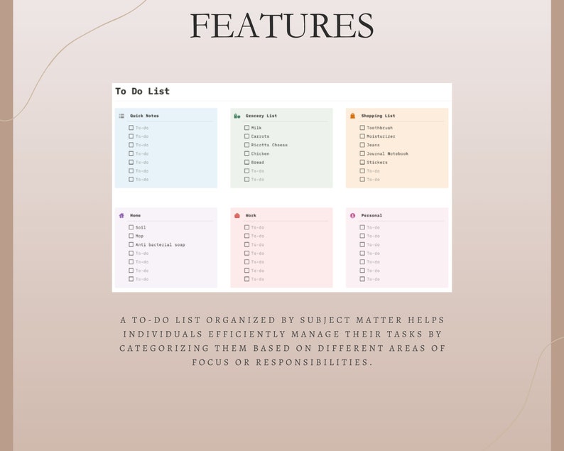 Pu&ograve; includere: Un modello digitale di lista di cose da fare con sezioni per note rapide, generi alimentari, shopping, casa, lavoro e compiti personali. La parola "FEATURES" &egrave; in alto. Il testo sottostante dice: "Una lista di cose da fare organizzata per argomento aiuta le persone a gestire in modo efficiente i propri compiti, suddividendoli in base a diverse aree di interesse o responsabilit&agrave;."