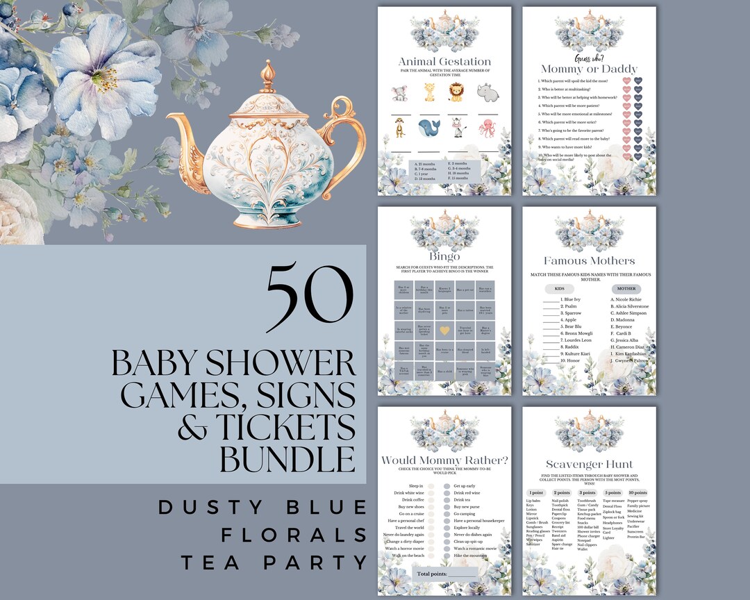 Editable Baby Shower Tea Party Games Bundle | Dusty Blue Florals Baby ...