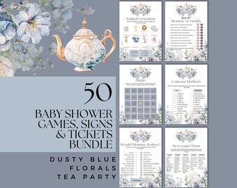 May include: A set of 50 printable baby shower games, signs, and tickets in a dusty blue floral tea party theme. The games include "Animal Gestation", "Mommy or Daddy", "Bingo", "Famous Mothers", "Would Mommy Rather?", and "Scavenger Hunt".