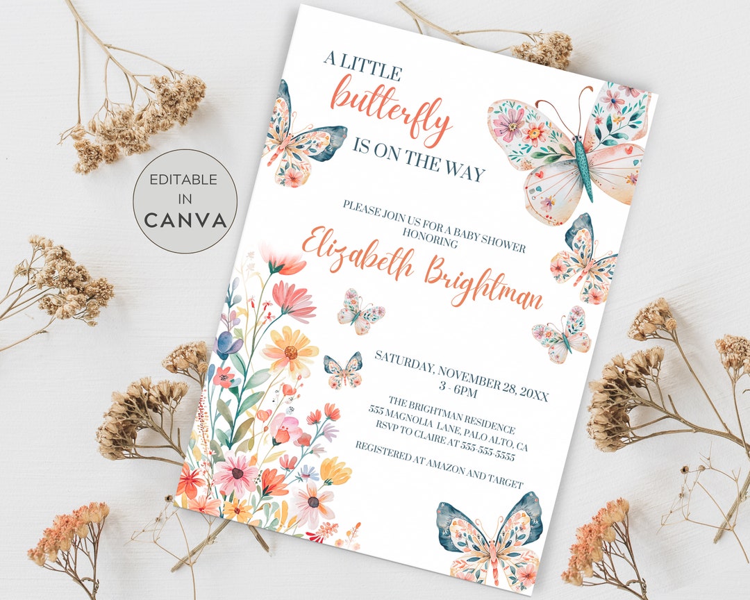 Boho Butterfly Baby Shower Invitation, Wildflowers Baby Shower ...