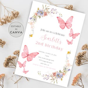 Pink Butterfly Birthday Invitation, 2nd Birthday Girl Butterfly Party Invite, Printable Editable Invitation,  Butterfly Invite Template