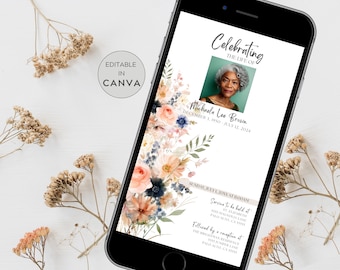 May include: A digital memorial card with a floral design and a photo of a woman. The text reads "Celebrating the life of Michneln Lee Brown, December 3, 1950 - July 12, 2024". The card also includes information about the service and reception.