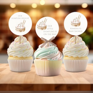 Editable Dumpling Cupcake Toppers, Dumpling Baby Shower Decor, Gender Neutral Baby Shower, Bao Dumpling Party, Dim Sum, Instant Download