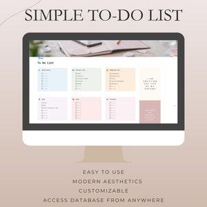 Pu&ograve; includere: Un monitor di computer che mostra un'interfaccia di elenco di cose da fare digitale. Lo schermo mostra un layout semplice e organizzato con varie categorie di attivit&agrave; e caselle di controllo. Il testo "SIMPLE TO-DO LIST" &egrave; in alto, con testo aggiuntivo in basso: "EASY TO USE, MODERN AESTHETICS, CUSTOMIZABLE, ACCESS DATABASE FROM ANYWHERE."