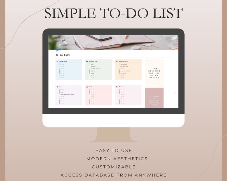 Pu&ograve; includere: Un monitor di computer che mostra un'interfaccia di elenco di cose da fare digitale. Lo schermo mostra un layout semplice e organizzato con varie categorie di attivit&agrave; e caselle di controllo. Il testo "SIMPLE TO-DO LIST" &egrave; in alto, con testo aggiuntivo in basso: "EASY TO USE, MODERN AESTHETICS, CUSTOMIZABLE, ACCESS DATABASE FROM ANYWHERE."