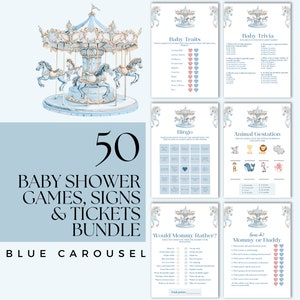 Può includere: Un set di 50 giochi, cartelli e biglietti per baby shower stampabili con un tema di giostra blu. I giochi includono Baby Trivia, Baby Traits, Bingo, Animal Gestation, Would Mommy Rather? e Guess Who? Mommy or Daddy.