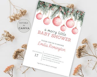 Pink Christmas Ornament Winter Baby Shower Invitation, Winter Girl Baby Shower Invite, Christmas Baby Shower, Holiday Baby Invitation