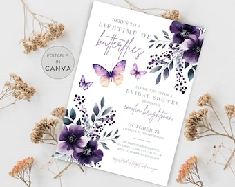 May include: Purple and white floral bridal shower invitation with butterflies and the text "Here's to a lifetime of butterflies" and "Please join us for a bridal shower honoring Emika Brightman".