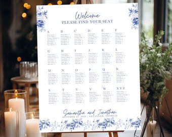 May include: A white wedding seating chart with blue floral designs. The chart is labelled with the letters of the alphabet and lists guest names under each letter. The text at the bottom reads "Samantha and Jonathan, October 25, 2025, Savannah, Georgia."