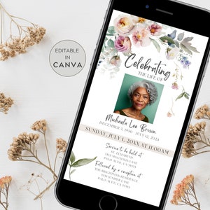 May include: A digital memorial card with a floral design in shades of pink, blue, and green. The card features a photo of a woman and text that reads "Celebrating the Life of Michaeln Lee Brown, December 3, 1950 - July 12, 2024. Service to be held at St. Elizabeth, 5555 Magnolia Lane, Palo Alto, CA 59953, followed by a reception at The Brighitman Residence, 5535 Juniper Lane, Palo Alto, CA 55555."