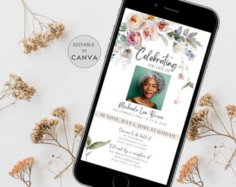 May include: A digital memorial card with a floral design in shades of pink, blue, and green. The card features a photo of a woman and text that reads "Celebrating the Life of Michaeln Lee Brown, December 3, 1950 - July 12, 2024. Service to be held at St. Elizabeth, 5555 Magnolia Lane, Palo Alto, CA 59953, followed by a reception at The Brighitman Residence, 5535 Juniper Lane, Palo Alto, CA 55555."