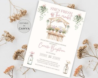 May include: A white bridal shower invitation featuring a watercolour illustration of a flower market stall. The text reads "She's Fresh Off the Market" and includes details for the event, including the date, time, and location. The invitation is editable in Canva.