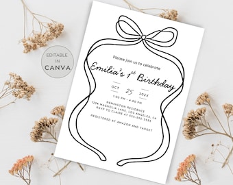May include: A white birthday invitation card with black text and a ribbon design. The card announces "Emilia's 1st Birthday" with date, time, and location details. The words "Editable in Canva" are also present.