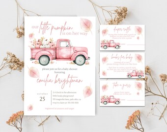 Sweet Little Pumpkin Baby Shower Invitation Set, Farm Truck Baby Shower Invite Set, Pink Vintage Truck, Fall Baby Shower, Our Little Pumpkin