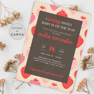 Strawberry Themed Baby Shower Invitation, Strawberry Baby Shower Invite, A Berry Sweet Baby Is On The Way Invite, Berry Sweet Baby Invite