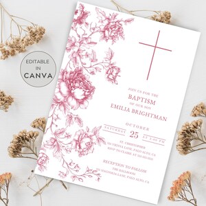Toile De Jouy Baptism, Pink Baptism Invite, French Baptism, French Floral Invite, Chinoiserie Invitation, Christening 1st Communion for Girl