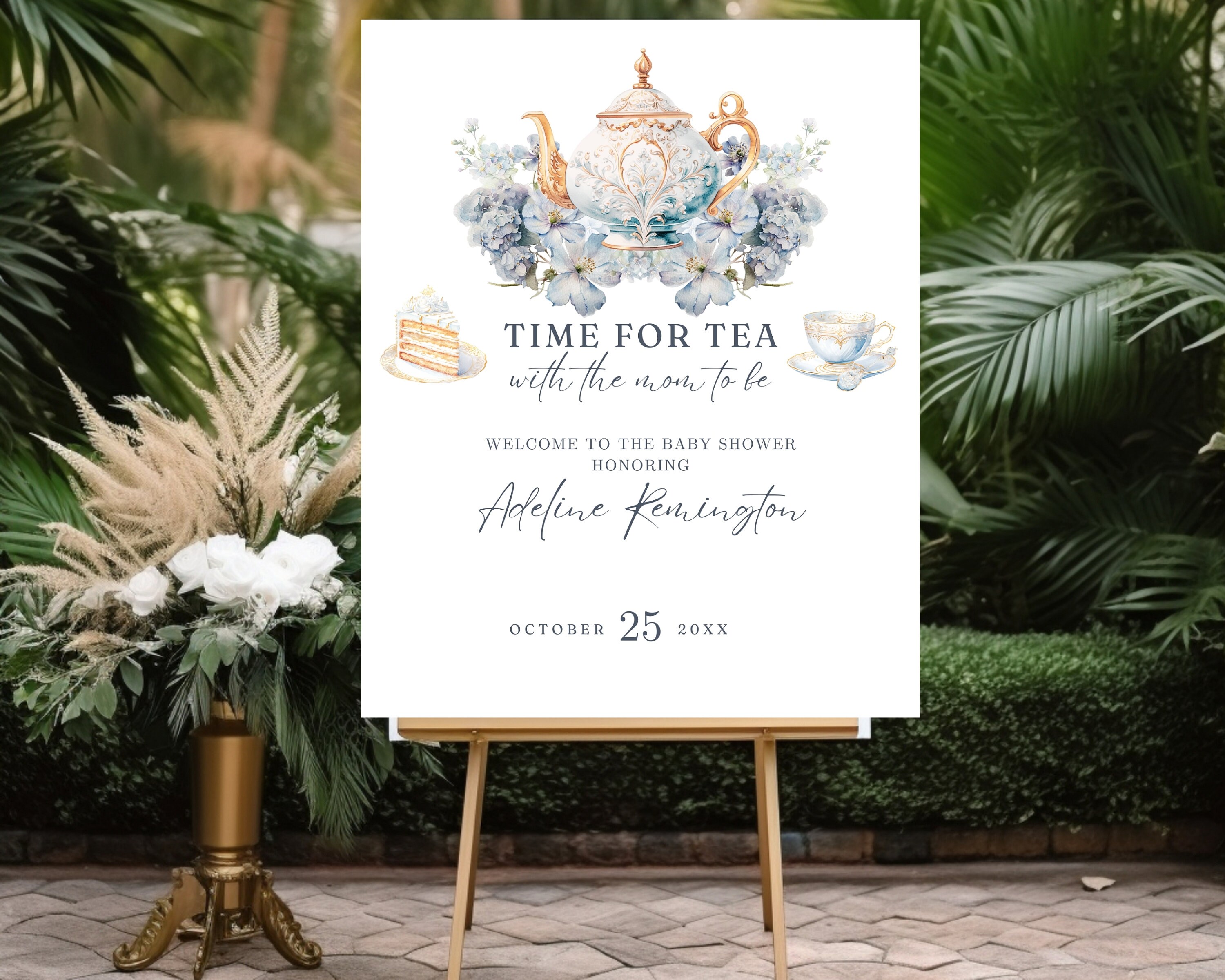 Time For Tea Sign Editable Baby Shower Tea Party Welcome Sign, Gender Neutral, Dusty Blue ...