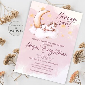 Heaven Sent Baby Shower Invitation, Baby Girl Shower, Editable Printable Template, Sleeping Unicorn Invite, A Little Piece of Heaven