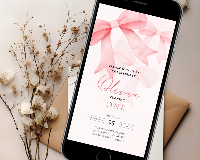 Editable Digital Coquette Invitation | Pink Bow Birthday Evite | Pink Bow Digital Invite | Virtual Invitation | Birthday Girl Pink Bow image 8