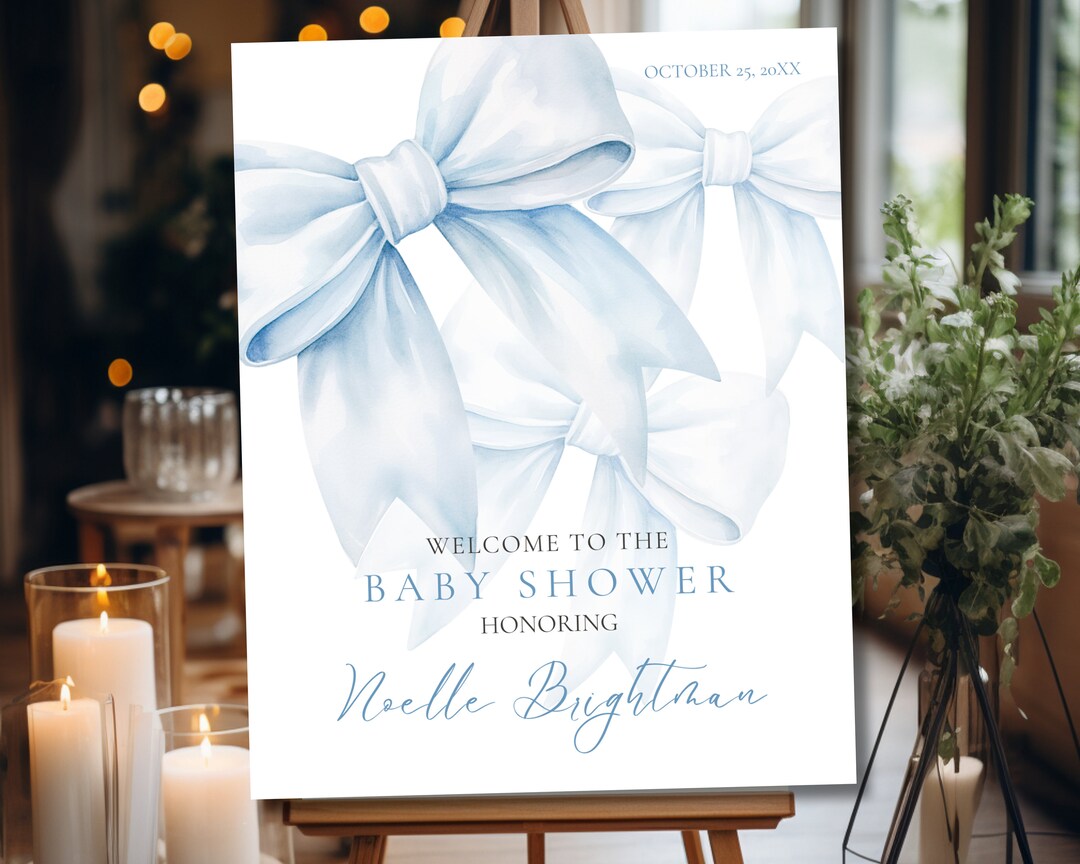 Editable Baby Boy Shower Welcome Sign | Blue Bow Baby Shower | Coquette ...