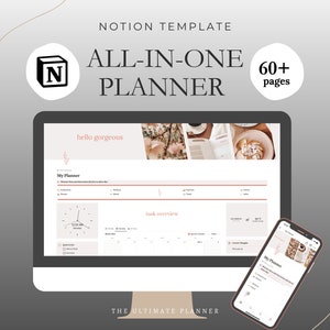 Può includere: Un pianificatore digitale visualizzato su un monitor di computer e uno smartphone. Lo schermo mostra un'interfaccia di pianificazione con il testo "ALL-IN-ONE PLANNER" e "60+ pagine". Il design è in toni neutri con accenti floreali.