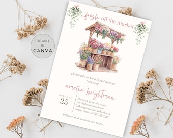 May include: A watercolour illustration of a flower stall with a sign that reads "fresh off the market". The invitation is for a bridal shower for Amelia Brightman on 25th October. The event will be held at the Brightman residence at 555 Magnolia Lane, Palo Alto, CA. RSVP to Claire at 555-555-5555. The shower is registered at Amazon and Target.