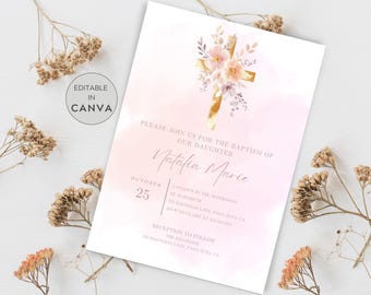 Baptism Invitation Template, Rustic Pink Flowers, Pink Baptism Invite, Elegant Baptism, Girl Baptism Invite, Christening 1st Communion