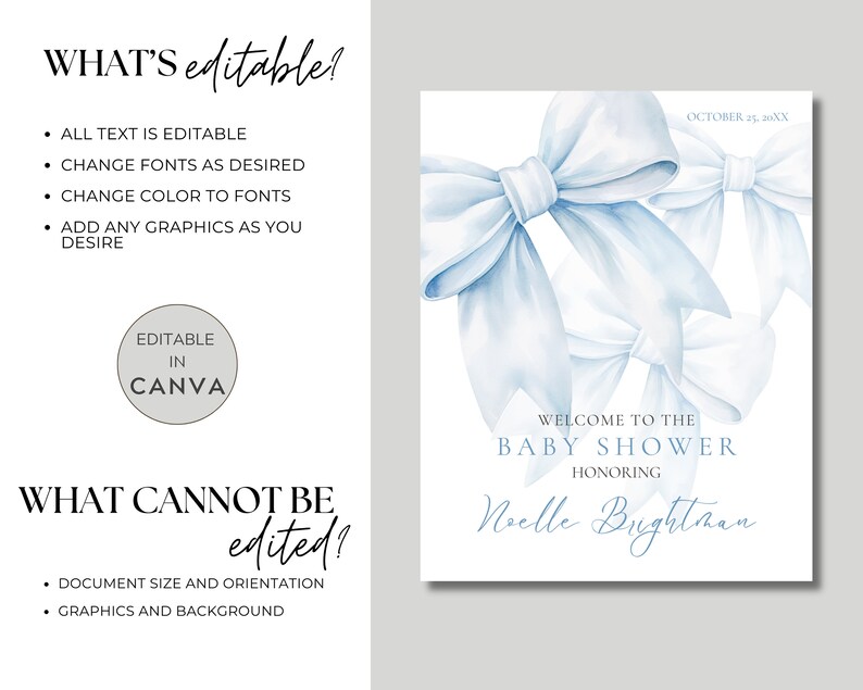 Editable Baby Boy Shower Welcome Sign | Blue Bow Baby Shower | Coquette ...