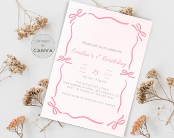 May include: A pink birthday invitation featuring a bow and ribbon design. The invitation includes the text "Emilia's 1st Birthday" and event details. The text "Editable in Canva" is in the upper left corner.