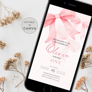 Editable Digital Coquette Invitation | Pink Bow Birthday Evite | Pink Bow Digital Invite | Virtual Invitation | Birthday Girl Pink Bow image 1