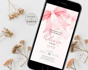 Editable Digital Coquette Invitation |  Pink Bow Birthday Evite | Pink Bow Digital Invite | Virtual Invitation | Birthday Girl Pink Bow